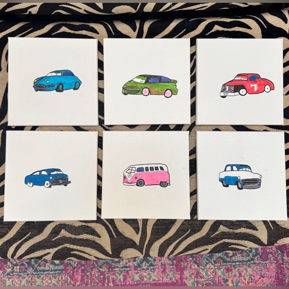 Set of 6 Hand-Painted Car Canvas Art